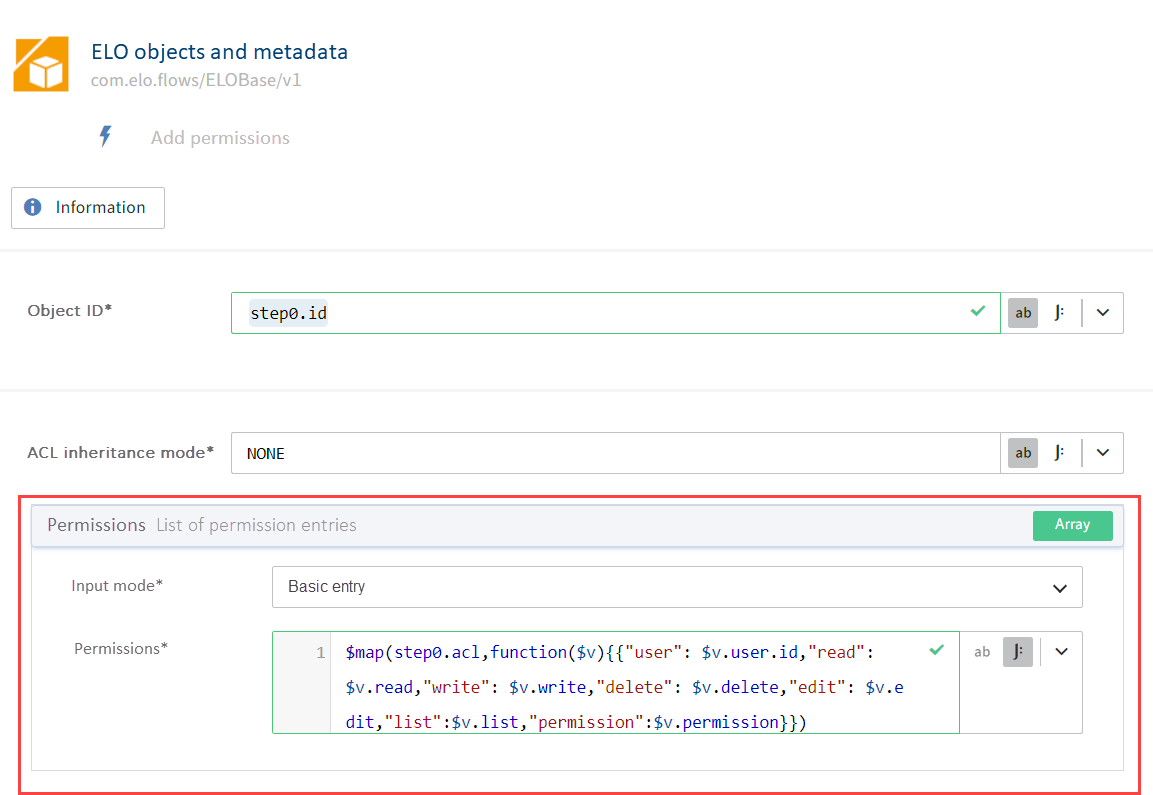 Example input for transferring permissions