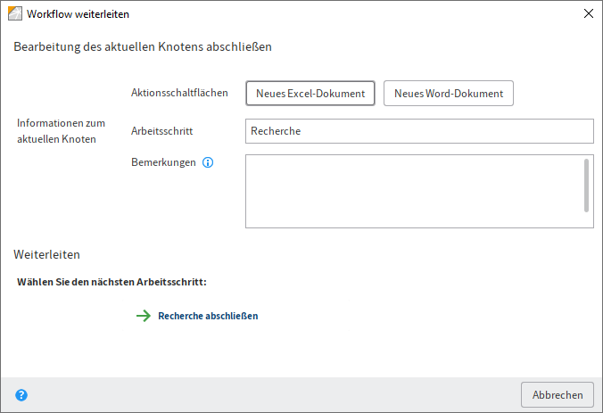 Dialog 'Workflow weiterleiten' mit Aktionsschaltflächen