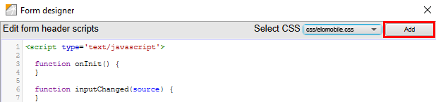 'Edit form header scripts' component; 'Add' button
