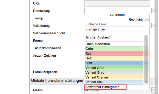 Drop-down-Menü 'Darstellung'; Hinzugefügter Style