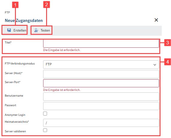 Konfigurationsbereich eines neuen Zugangsdatenobjekts im Kontext der Komponente 'FTP'