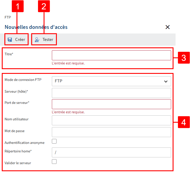 Section de configuration d'un nouvel objet d'accès dans le contexte du composant ELO 'FTP'