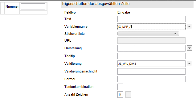 Beispiel für eine selbstdefinierte Validierungsfunktionen im Feld 'Validation'