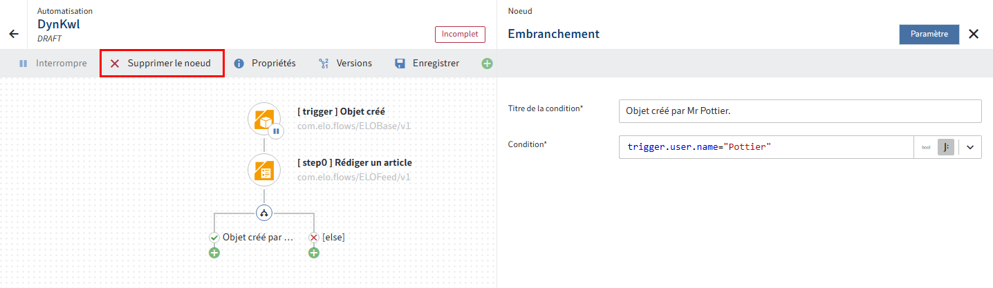 Supprimez le noeud d'embranchement dans le créateur des flows.