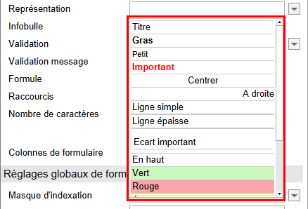 Menu déroulant du champ 'Représentation'