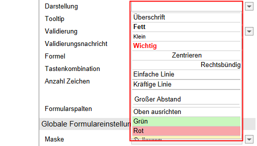 Drop-down-Menü des Feldes 'Darstellung'