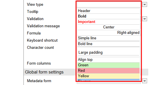 Drop-down menu of the 'Display' field