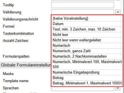 Drop-down-Menü zum Feld 'Validierung'