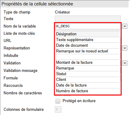 Section 'Propriétés de la cellule sélectionnée'; menu déroulant du champ 'Nom de la variable'