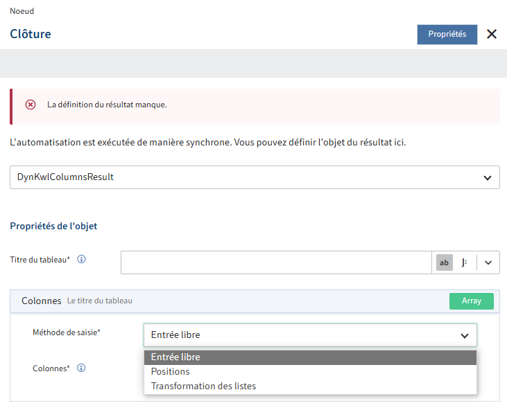 DynKwlColumnsResult : méthodes de saisie pour configurer l'objet de résultat