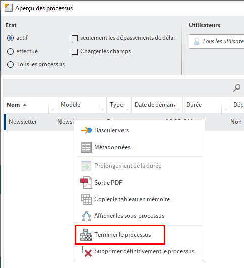 Dialogue 'Aperçu des processus'; menu contextuel; entrée de menu 'Terminer le processus'