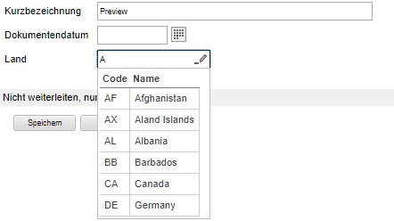 Beispiel für ein dynamisches Stichwortfeld; eine Tabelle mit Ländern und Länderkürzeln