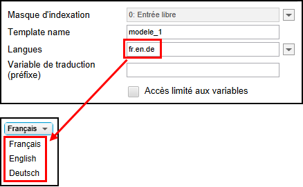 Exemple de réglages dans le champ 'Langues'