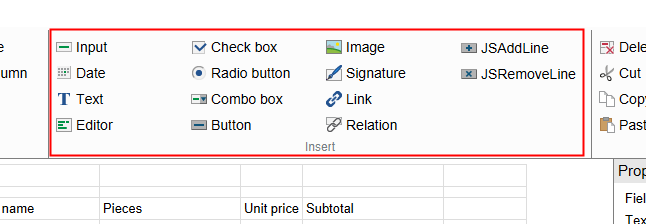 Form designer; toolbar; 'Insert' group