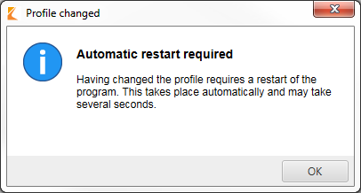 Message dialog box indicating automatic restart after changing profiles