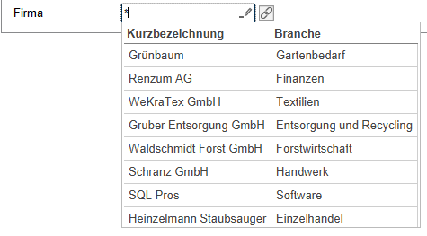 Beispiel für ein Feld des Typs 'Relation' im Formular; Tabelle als Stichwortliste