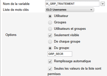 Exemples de réglage pour une liste de mots-clés du type 'ELO Usernames'; l'option 'Utilisateur' est sélectionnée