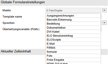 Drop-down-Menü zur Auswahl einer Maske