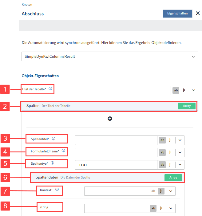 SimpleDynKwlColumnsResult: Konfigurationsmöglichkeiten des Ergebnis-Objekts