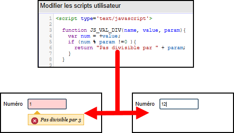 Les fonctions de validation définies dans l'élément 'Modifier les scripts utilisateur' et dans le formulaire