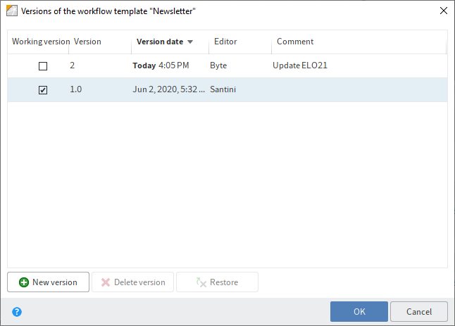 'Versions of the workflow template' dialog box