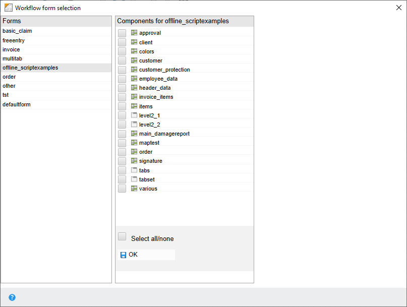 'Workflow form selection' dialog box