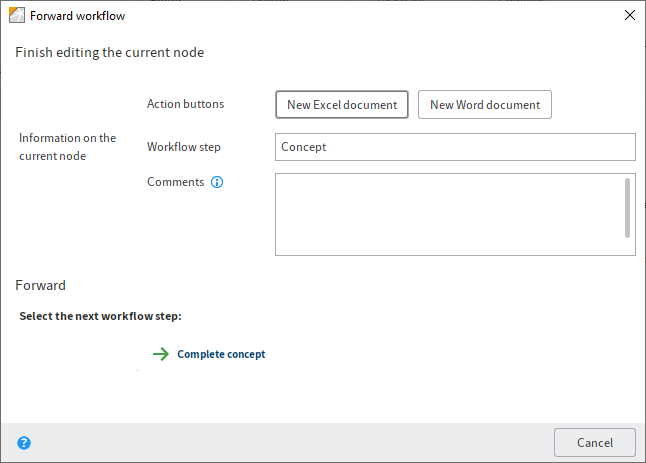 'Forward workflow' dialog box with action buttons