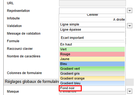 Menu déroulant 'Représentation', style ajouté