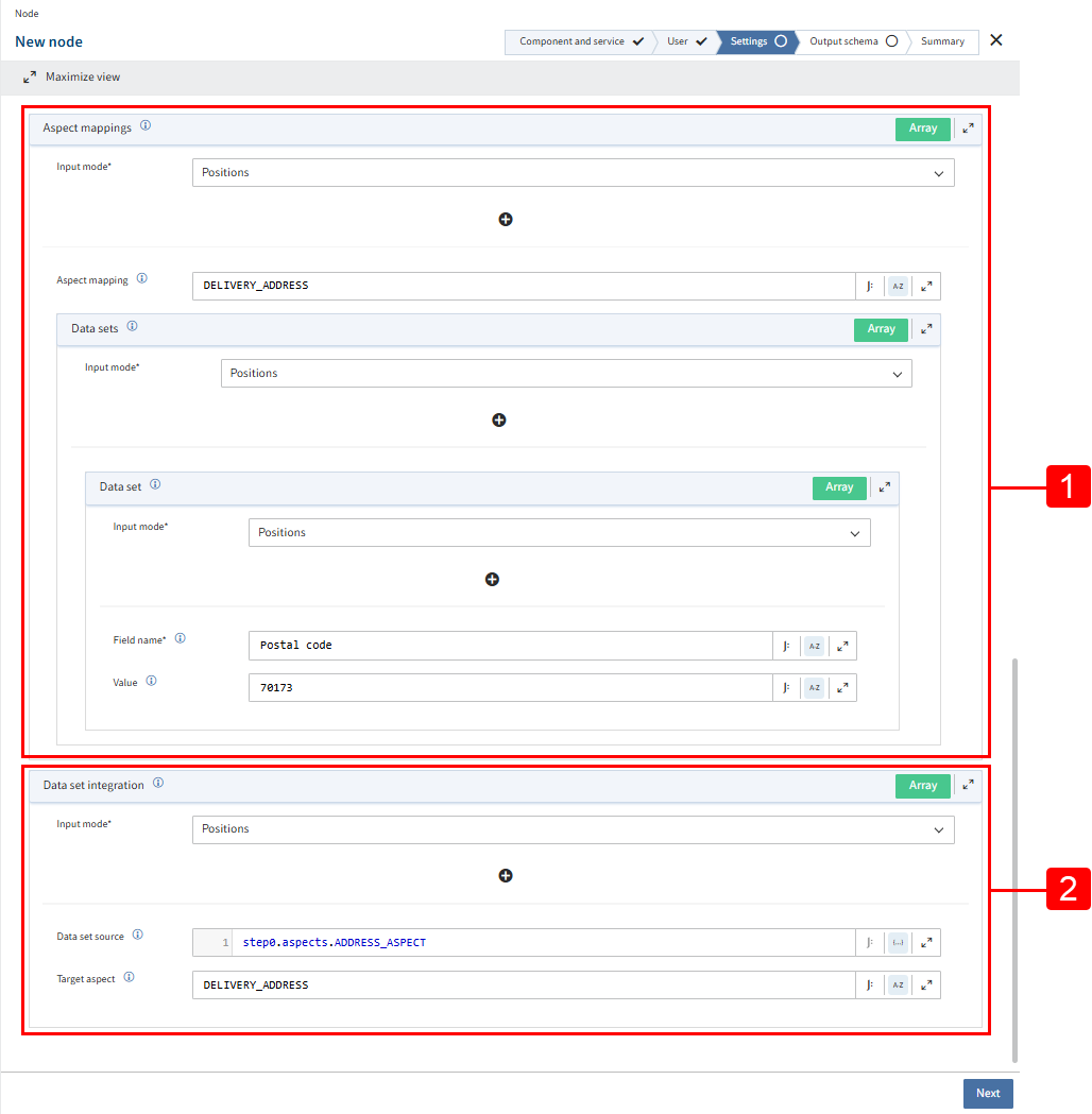 'Aspect mapping' for transferring aspect fields and 'Data set integration' of whole aspects