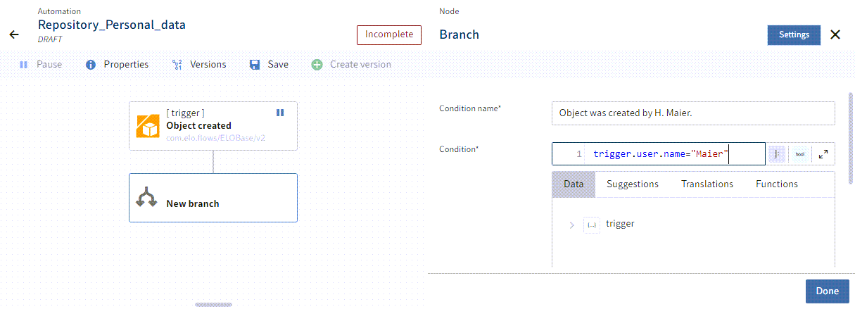 Example branch node in the flow designer with the node configuration open