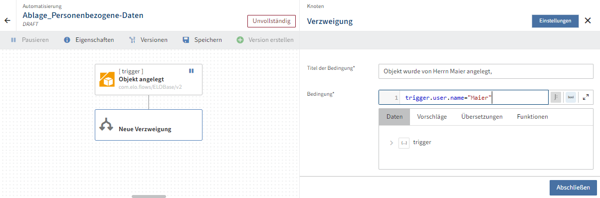 Beispielhafter Verzweigungsknoten im Flow-Designer mit geöffneter Knotenkonfiguration