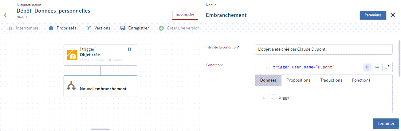 Exemple de noeud d'embranchement dans le créateur de flows avec configuration de noeuds ouverte