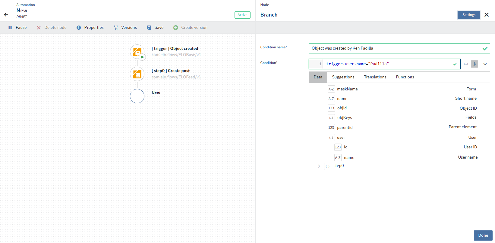 Example branch node in the flow designer with the node configuration open