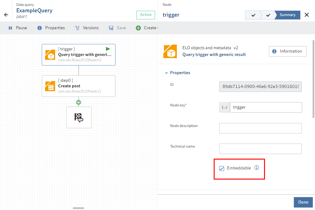 Data query flow with 'Embeddable' function selected in the generic query trigger configuration