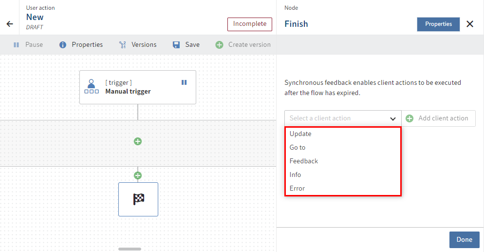 Node configuration for the end node with drop-down menu