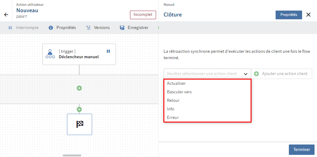 Configuration de noeud du noeud de clôture avec menu déroulant