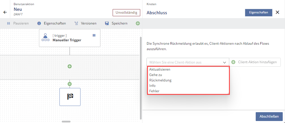 Knotenkonfiguration des Abschlussknotens mit Dropdown-Menü