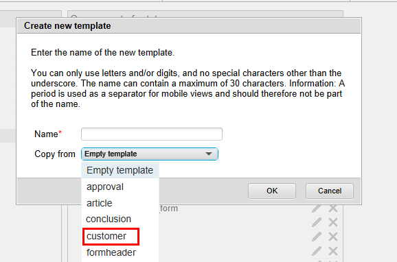 'Create new template' dialog box; 'Copy of' drop-down menu open