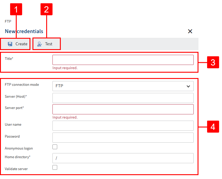 Configuration area for a new credential object in the context of the 'FTP' component