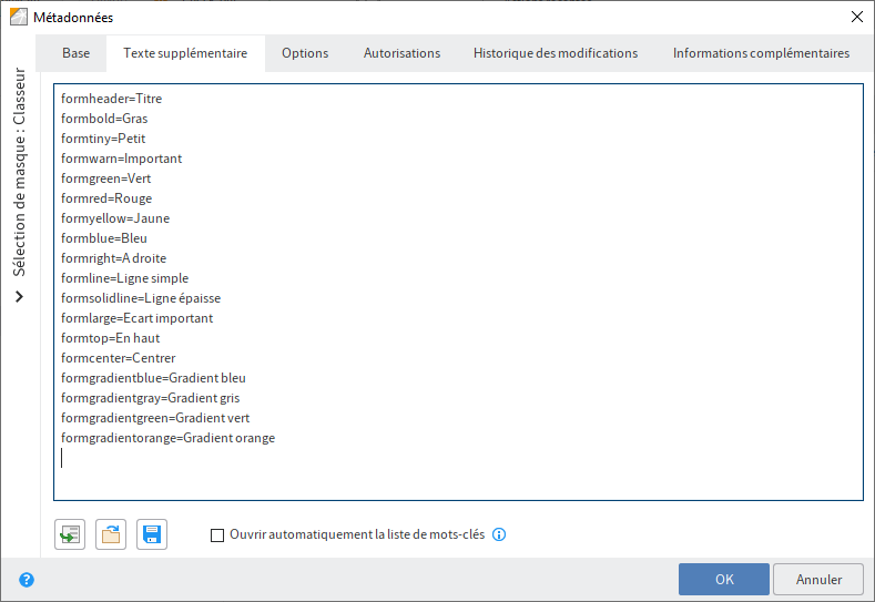 Classeur 'Classes'; texte supplémentaire; styles standards