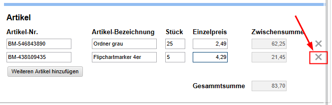 X-Symbol zum Löschen einer duplizierten Zeile