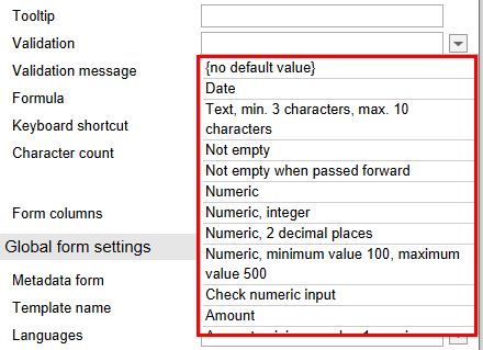 'Validation' field drop-down menu