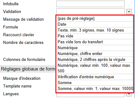 Menu déroulant pour le champ 'Validation'