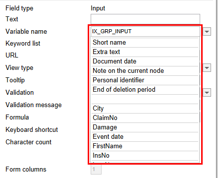 'Properties of the selected cell' area; drop-down menu of the 'Variable name' field