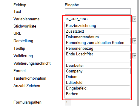 Bereich 'Eigenchaften der ausgewählten Zelle'; Drop-down-Menü des Feldes 'Variablenname'