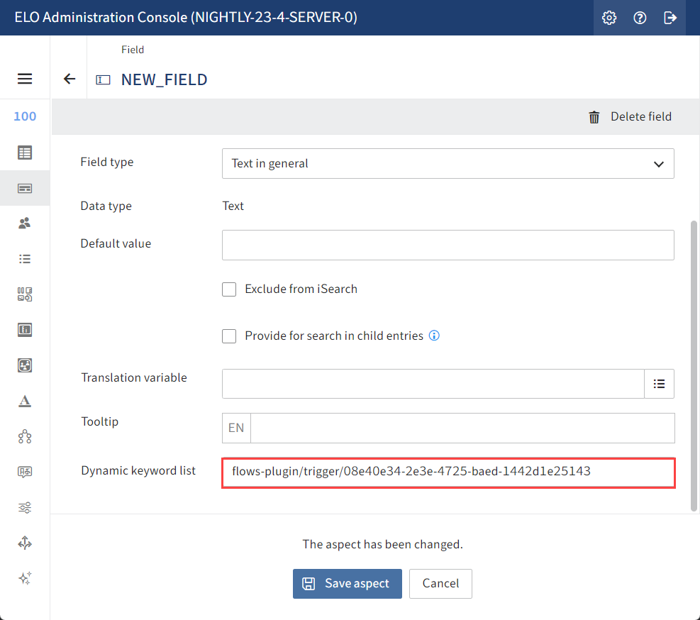 Aspect > New field > Dynamic keyword list input field