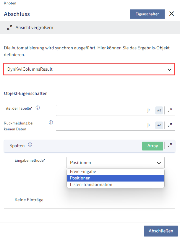 DynKwlColumnsResult: Eingabemethoden zur Konfiguration des Ergebnis-Objekts