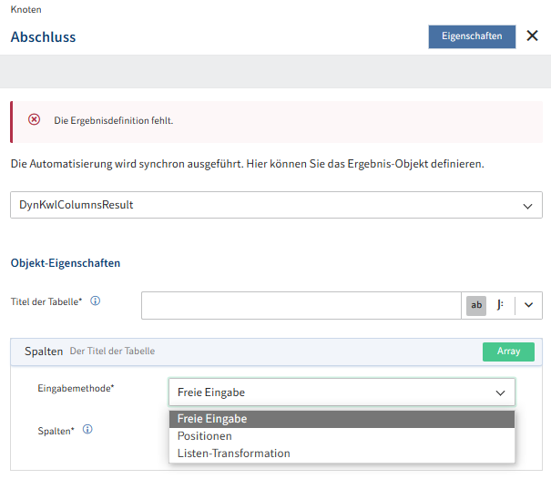 DynKwlColumnsResult: Eingabemethoden zur Konfiguration des Ergebnis-Objekts