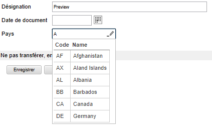 Exemple pour un champ de mot-clé dynamique; tableau avec pays et raccourcis pays