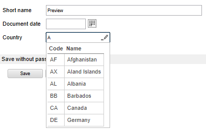 Example of a dynamic keyword field; a table with countries and country codes